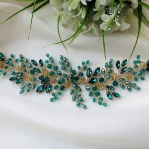 Denifery Emerald Wedding Hair Piece Green Hair Vine Bridal Gold Jewelry Headpiece Wedding Hair Accessories