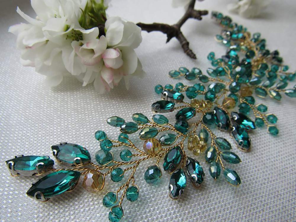 Denifery Emerald Wedding Hair Piece Green Hair Vine Bridal Gold Jewelry Headpiece Wedding Hair Accessories