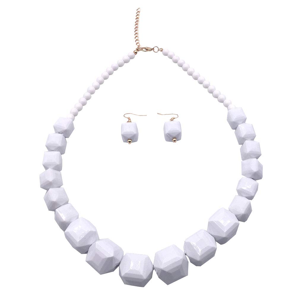 White Beads Necklace, Acrylic Costume Jewelry for Women Chunky Statement Strand Necklaces with Bracelet Dangle Earrings, Big African Beaded Necklace Halloween Festivals accessory