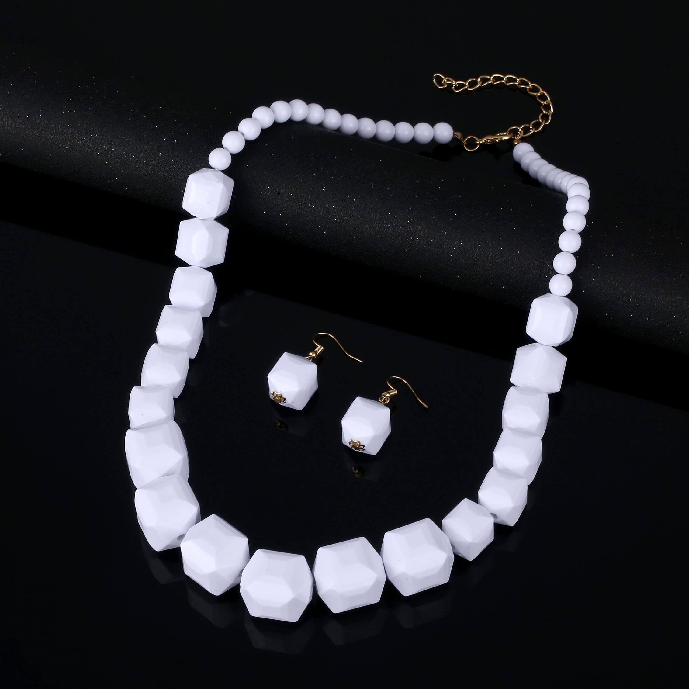 White Beads Necklace, Acrylic Costume Jewelry for Women Chunky Statement Strand Necklaces with Bracelet Dangle Earrings, Big African Beaded Necklace Halloween Festivals accessory