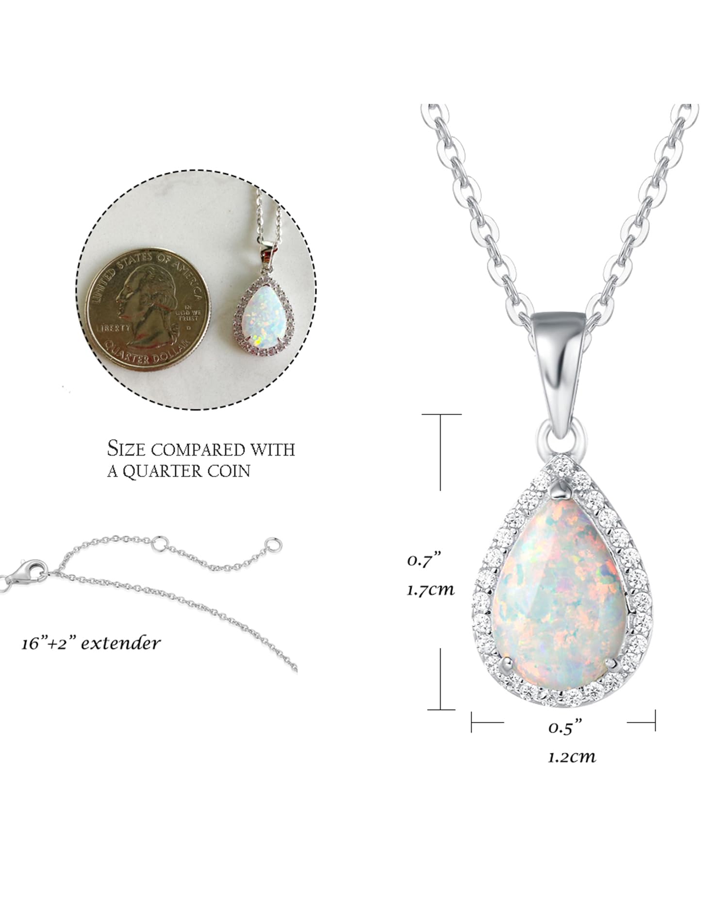 FANCIME Sterling Silver Opal Necklace White Fire Opal Halo Waterdrop Teardrop Pear Shape Opal Pendant October Birthstone Necklace Jewelry for Women 16”+2”