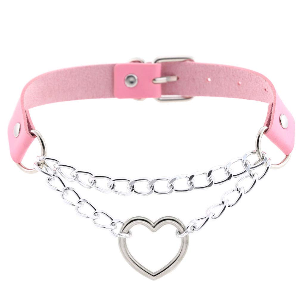 FM FM42 Pink PU Simulated Leather Gothic Punk Silver-tone Heart Ring Cuban Curb Link Chain Adjustable Neckband Collar Choker PN2401