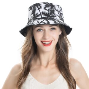 ZLYC Unisex Cute Print Bucket Hat Summer Travel Fisherman Cap for Women Men Teens (Palm Tree Black)