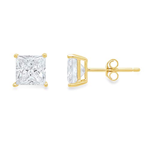 Clara Pucci 4.0 ct Princess Cut VVS1 Conflict Free Solitaire Genuine Moissanite Designer Stud Earrings Solid 14k Yellow Gold Push Back