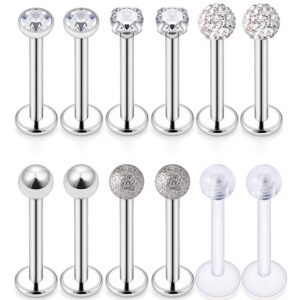 dyknasz 16g stainless steel labret studs monroe lip rings retainer cartilage tragus nail conch helix earring barbell piercing jewelry with clear diamond cz for women men silvertone 6 pairs