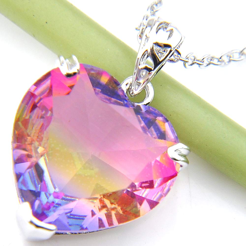 Luckyshine Love Heart Fire Rainbow Mystic Tourmaline Silver Fashion Pendants Necklaces