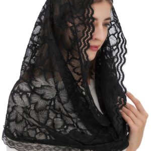 PAMOR Infinity Floral Veils Scarf Chapel Veil Head Covering Wrap Style Latin Mass Lace Mantilla (Black)