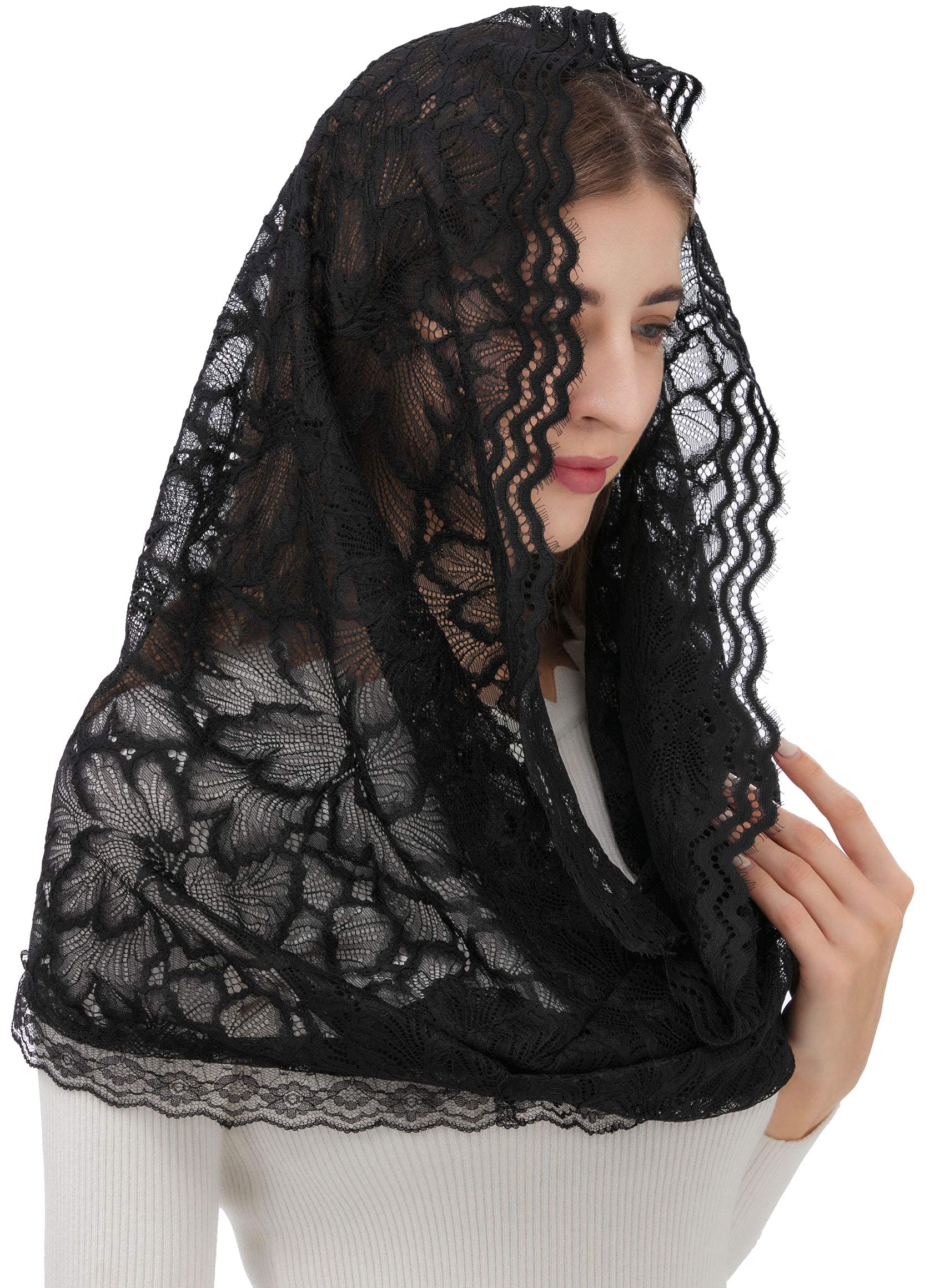 PAMOR Infinity Floral Veils Scarf Chapel Veil Head Covering Wrap Style Latin Mass Lace Mantilla (Black)