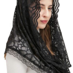 PAMOR Infinity Floral Veils Scarf Chapel Veil Head Covering Wrap Style Latin Mass Lace Mantilla (Black)