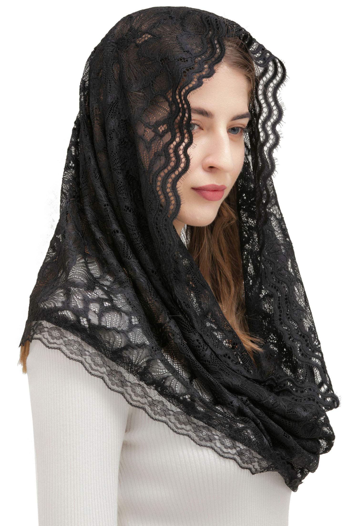 PAMOR Infinity Floral Veils Scarf Chapel Veil Head Covering Wrap Style Latin Mass Lace Mantilla (Black)