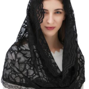 PAMOR Infinity Floral Veils Scarf Chapel Veil Head Covering Wrap Style Latin Mass Lace Mantilla (Black)