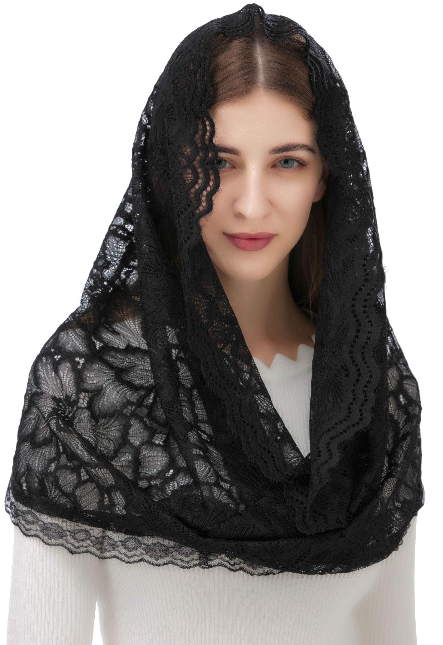 PAMOR Infinity Floral Veils Scarf Chapel Veil Head Covering Wrap Style Latin Mass Lace Mantilla (Black)