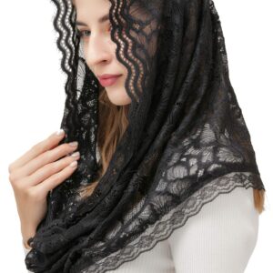 PAMOR Infinity Floral Veils Scarf Chapel Veil Head Covering Wrap Style Latin Mass Lace Mantilla (Black)