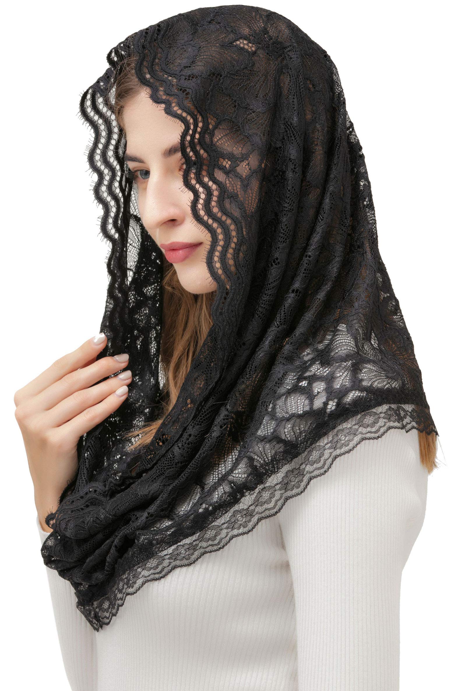 PAMOR Infinity Floral Veils Scarf Chapel Veil Head Covering Wrap Style Latin Mass Lace Mantilla (Black)