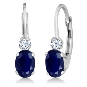 Gem Stone King 14K White Gold Blue Sapphire and White Created Sapphire Leverback Earrings For Women | 1.18 Cttw | Gemstone September Birthstone | Oval 6X4MM, Round 2MM | 3/4 Inch