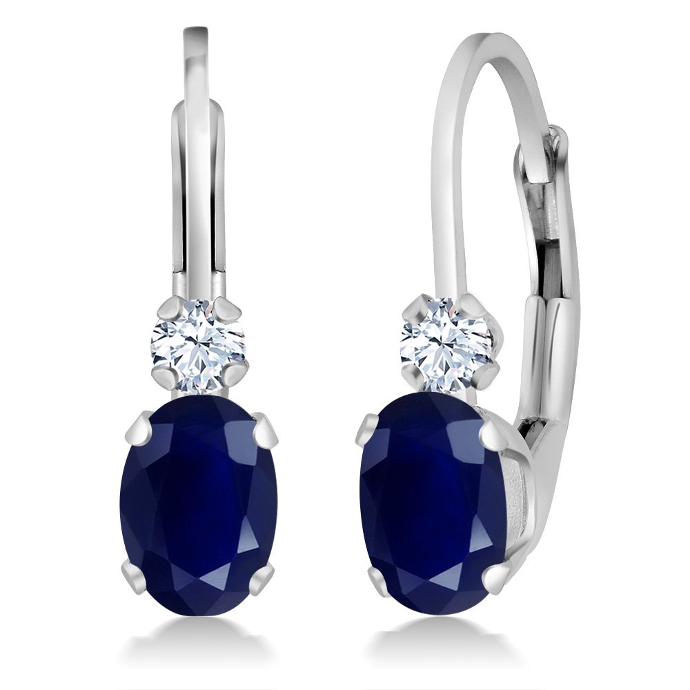 Gem Stone King 14K White Gold Blue Sapphire and White Created Sapphire Leverback Earrings For Women | 1.18 Cttw | Gemstone September Birthstone | Oval 6X4MM, Round 2MM | 3/4 Inch