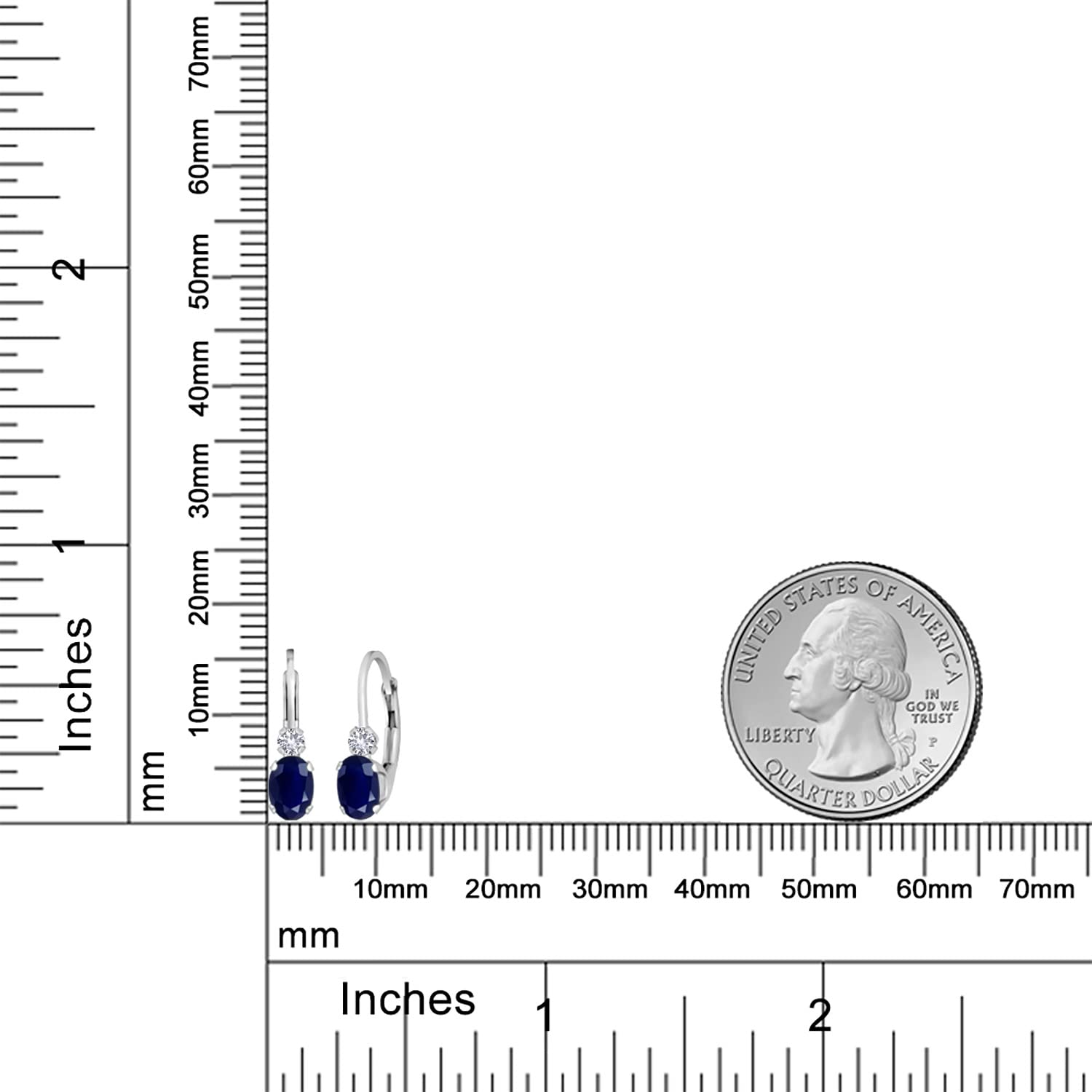 Gem Stone King 14K White Gold Blue Sapphire and White Created Sapphire Leverback Earrings For Women | 1.18 Cttw | Gemstone September Birthstone | Oval 6X4MM, Round 2MM | 3/4 Inch