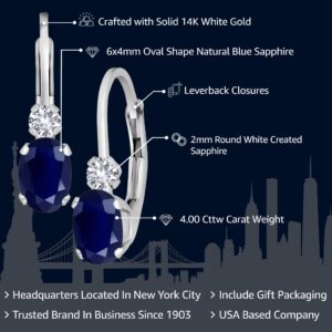 Gem Stone King 14K White Gold Blue Sapphire and White Created Sapphire Leverback Earrings For Women | 1.18 Cttw | Gemstone September Birthstone | Oval 6X4MM, Round 2MM | 3/4 Inch