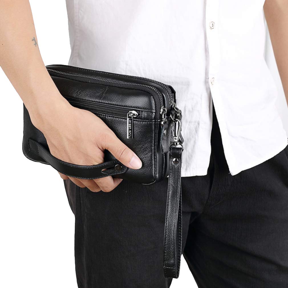 KPYWZER Leather Clutch Purse Wallet Men Wristlet Holder Wrist Bag Pack Business Handbag Black