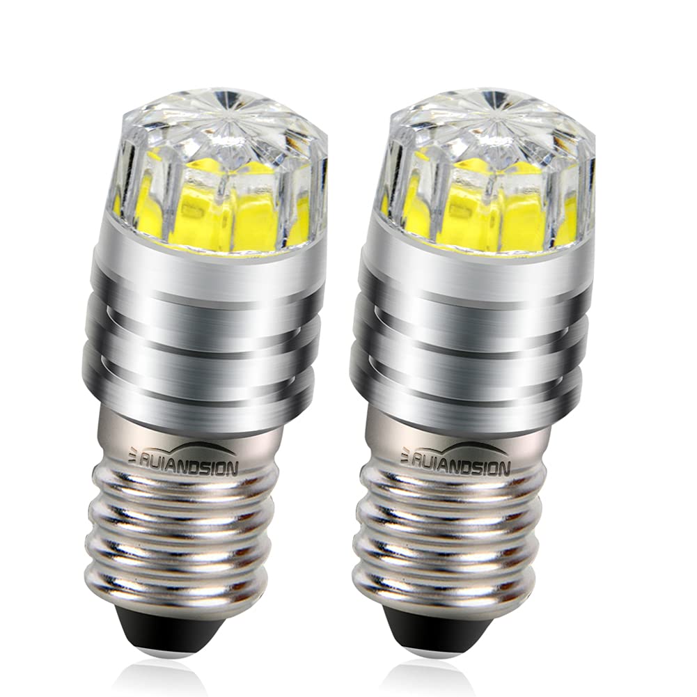 Ruiandsion 2pcs E10 Base LED Upgrade Bulb White 6V COB 2W Replacement for Flashlights Torch Lights