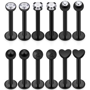 Lcolyoli 16G Tragus Studs Clear Diamond CZ Surgical Steel Cartilage Nail Forward Helix Earring Barbell Piercing Jewelry with Flat Back for Women Men 12 Pieces 6mm Black