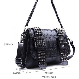 SUKUTU Womens Punk Skull Rivet Shoulder Bag PU Leather Goth Crossbody Bag with Chain Wallet Purse for Girls