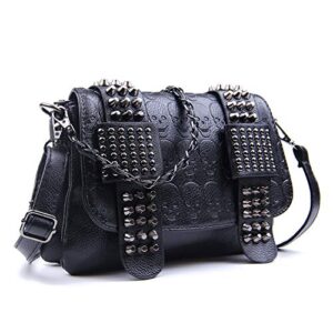 SUKUTU Womens Punk Skull Rivet Shoulder Bag PU Leather Goth Crossbody Bag with Chain Wallet Purse for Girls