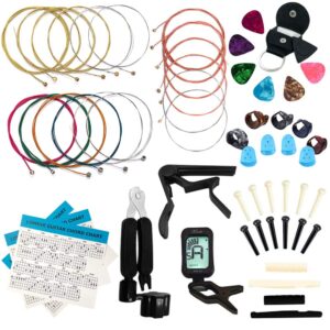 lomeve guitar accessories kit include acoustic strings, tuner, capo, 3-in-1 restring tool, picks, pick holder, bridge pins, nuts & saddles, finger protector, chord chart (58pcs)