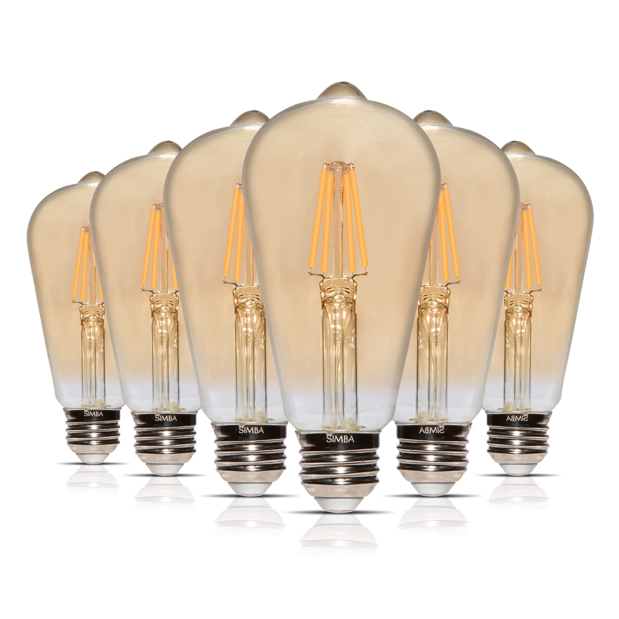 Simba Lighting LED Edison Vintage Filament ST21 (ST64) Light Bulbs (6 Pack) 6W Dimmable 60W Equivalent Amber Glass Decorative Antique Retro, Standard Medium E26 Base, Ultra Warm 2200K