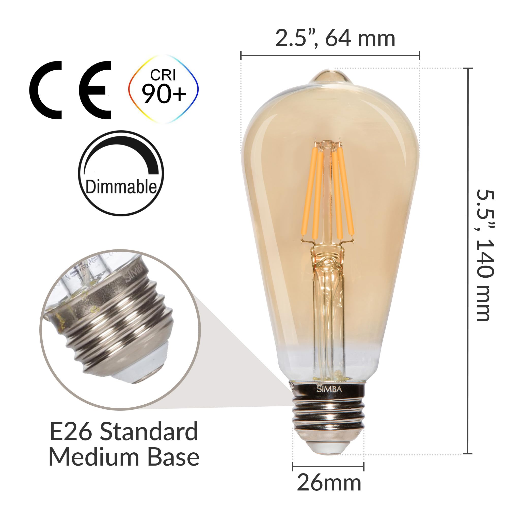 Simba Lighting LED Edison Vintage Filament ST21 (ST64) Light Bulbs (6 Pack) 6W Dimmable 60W Equivalent Amber Glass Decorative Antique Retro, Standard Medium E26 Base, Ultra Warm 2200K