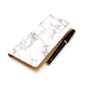 menesia Checkbook Cover for Men & Women RFID Leather Check Book Holder Wallet(White Marble)