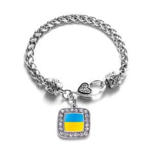 Inspired Silver - Ukraine Flag Braided Bracelet for Women - Silver Square Charm Bracelet with Cubic Zirconia Jewelry