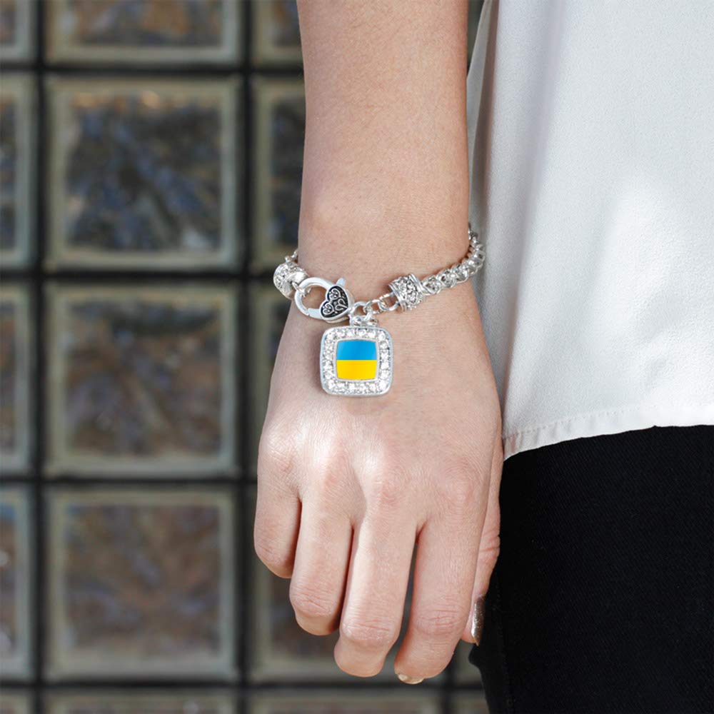 Inspired Silver - Ukraine Flag Braided Bracelet for Women - Silver Square Charm Bracelet with Cubic Zirconia Jewelry