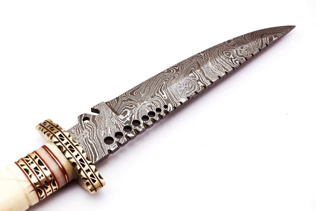 Handmade Damascus Steel Knife - Damascus Steel 14” Inches Knife - Hunting Knife - Camel Bone Brass Spicer Handle – Outdoor Camping Survival Knife - Beautiful Knife - Camel Bone Brass