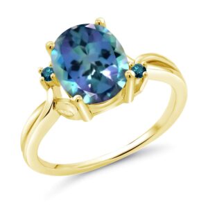 Gem Stone King 18K Yellow Gold Plated Silver Millennium Blue Mystic Topaz and Blue Diamond 3 Stone Ring For Women (3.03 Cttw, Oval 10X8MM, Gemstone Birthstone, Available In Size 5, 6, 7, 8, 9)