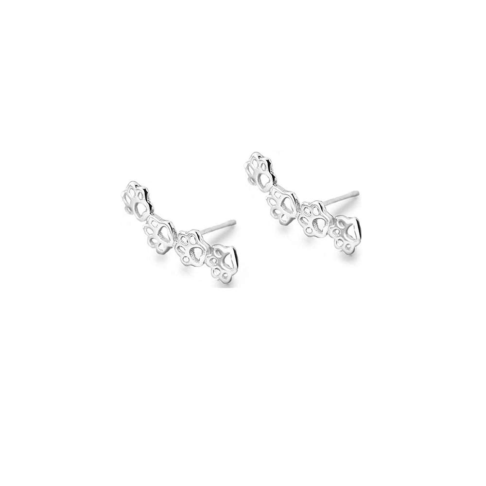 S925 Sterling Silver Puppy Dog Cat Pet Paw Print Cuff Stud Earrings for Women Teen Girls Pierced Ears Climber Crawler 14K White Gold Plated Cute Dainty Kitten Animal Footprint Hypoallergenic Jewelry