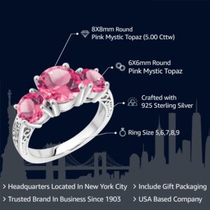 Gem Stone King 5.00 Cttw Pink Mystic Topaz 3-Stone Engagement Ring In 925 Sterling Silver | 3 Stone Wedding Engagement Anniversary Promise Ring For Women | Size 5,6,7,8,9