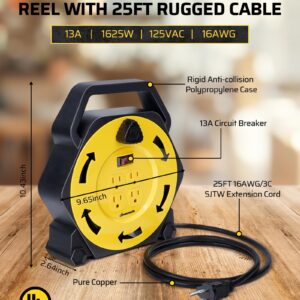 DEWENWILS Extension Cord Reel with 25 FT Power Cord, Hand Wind Retractable, 16/3 AWG SJTW, 4 Grounded Outlets, 13 Amp Circuit Breaker, Yellow, Black, UL Listed