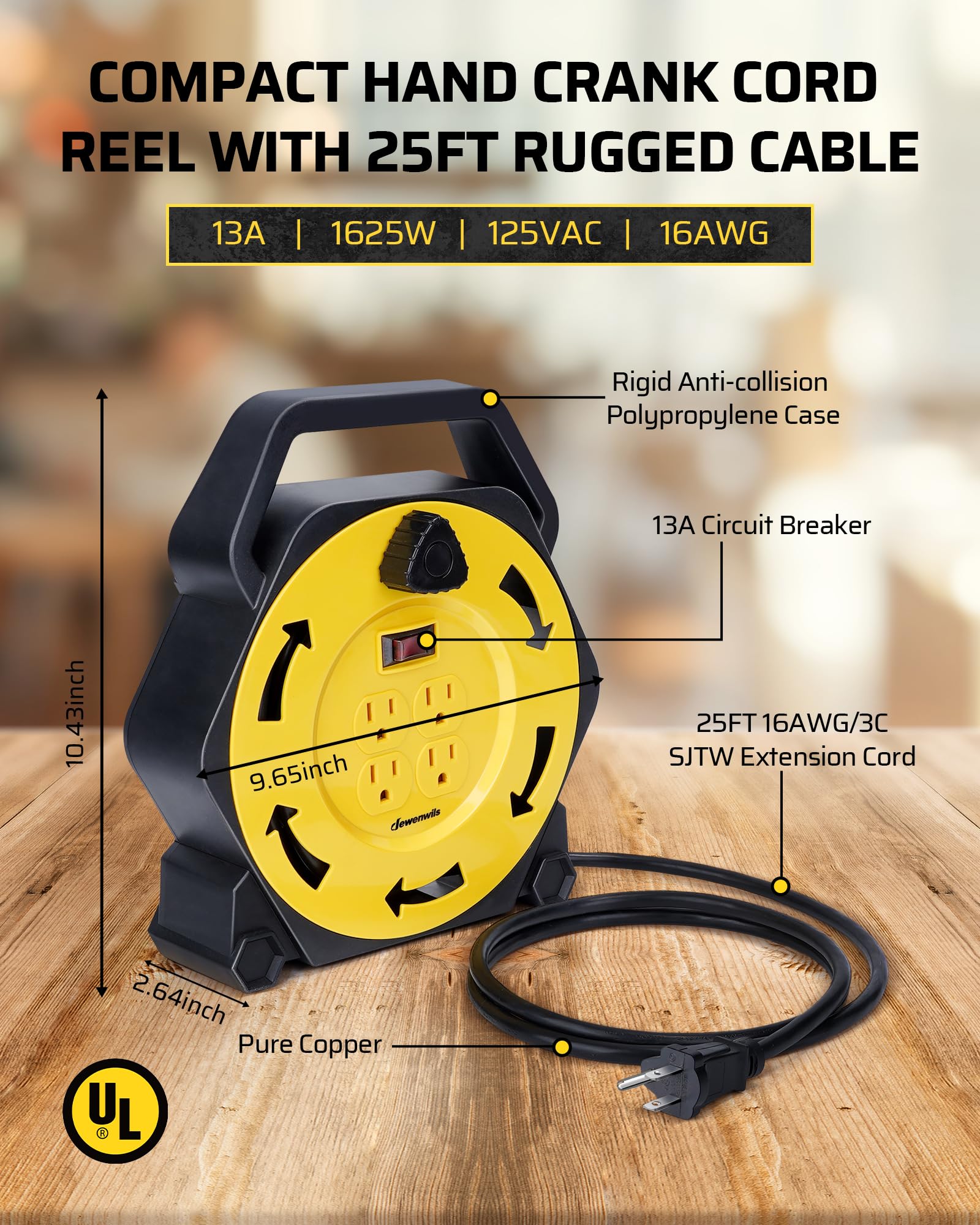 DEWENWILS Extension Cord Reel with 25 FT Power Cord, Hand Wind Retractable, 16/3 AWG SJTW, 4 Grounded Outlets, 13 Amp Circuit Breaker, Yellow, Black, UL Listed