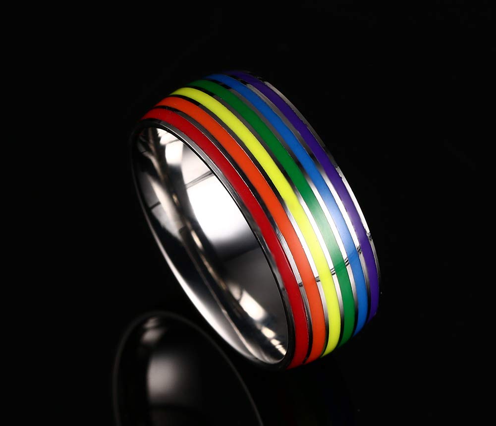 VNOX Custom Personalized Stainless Steel Gay Pride Rainbow Relationship Engagement Rings Weeding Band for Gay Lesbian Couples,Size 9