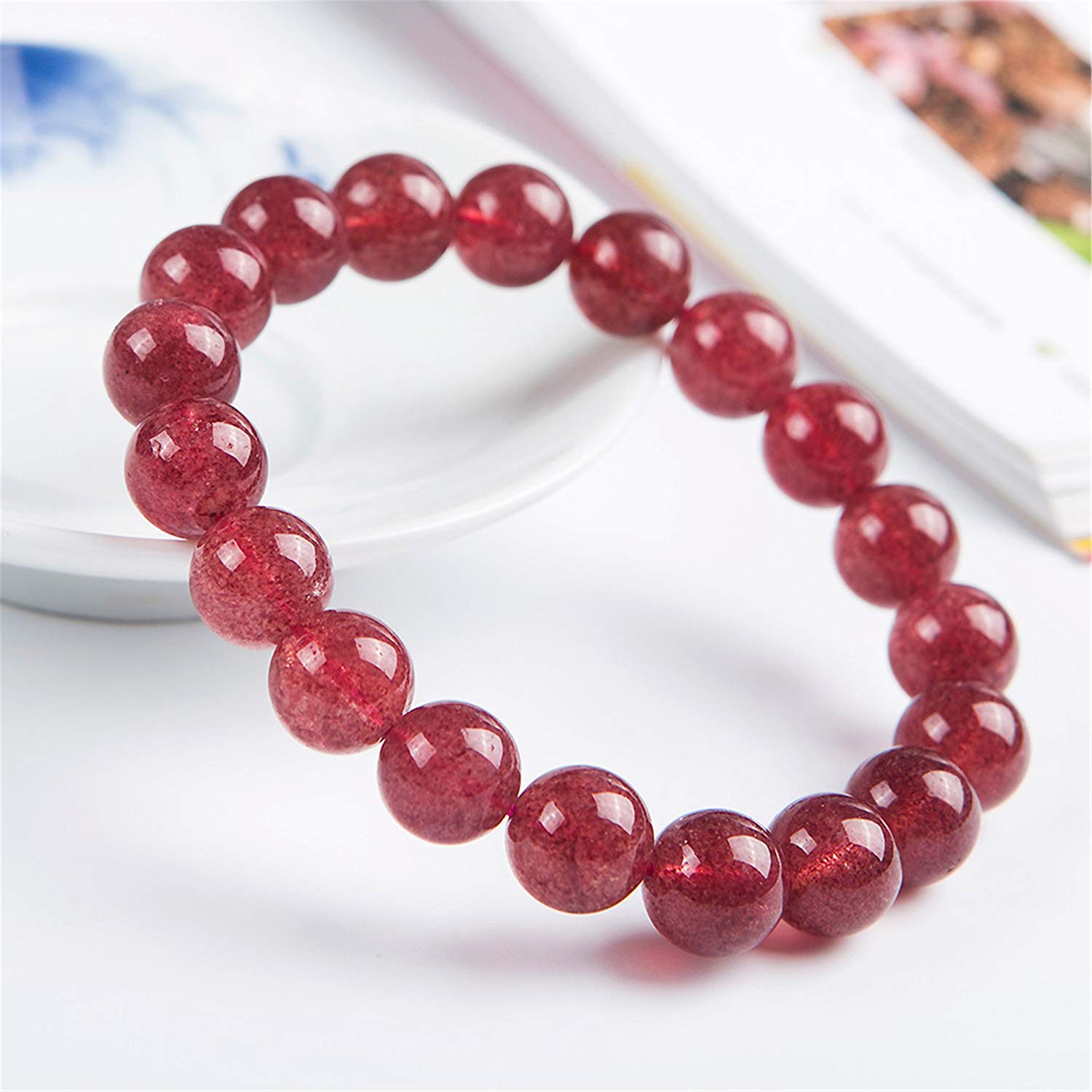 DUOVEKT 11mm Genuine Natural Strawberry Quartz Crystal Bracelet Red Round Beads Gemstone for Women Men Anniversary Party Love Gift Fashion Bracelet AAAA