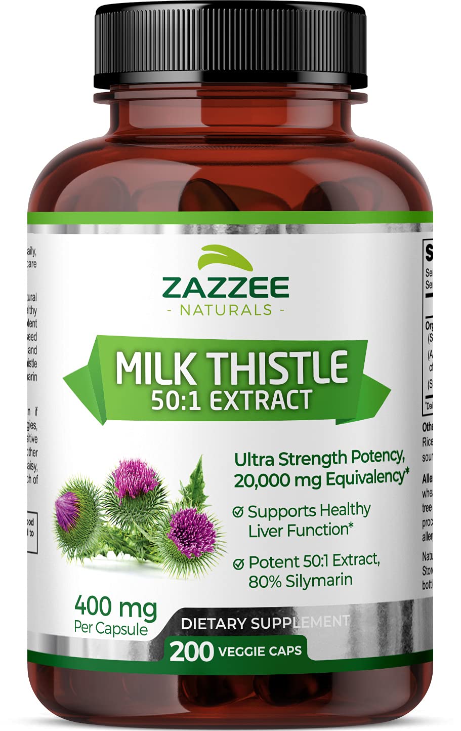 Zazzee Organic Milk Thistle 50:1 Extract, 20,000 mg Strength, 200 Vegan Capsules, 80% Silymarin Flavonoids, Over 6 Month Supply, Standardized and Concentrated 50X Extract, All-Natural and Non-GMO