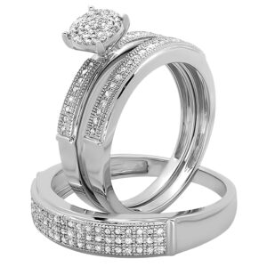 Dazzlingrock Collection 0.48 Carat Round White Diamond Cluster Trio Ring Set in 925 Sterling Silver, Women Size 7 & Men Size 10