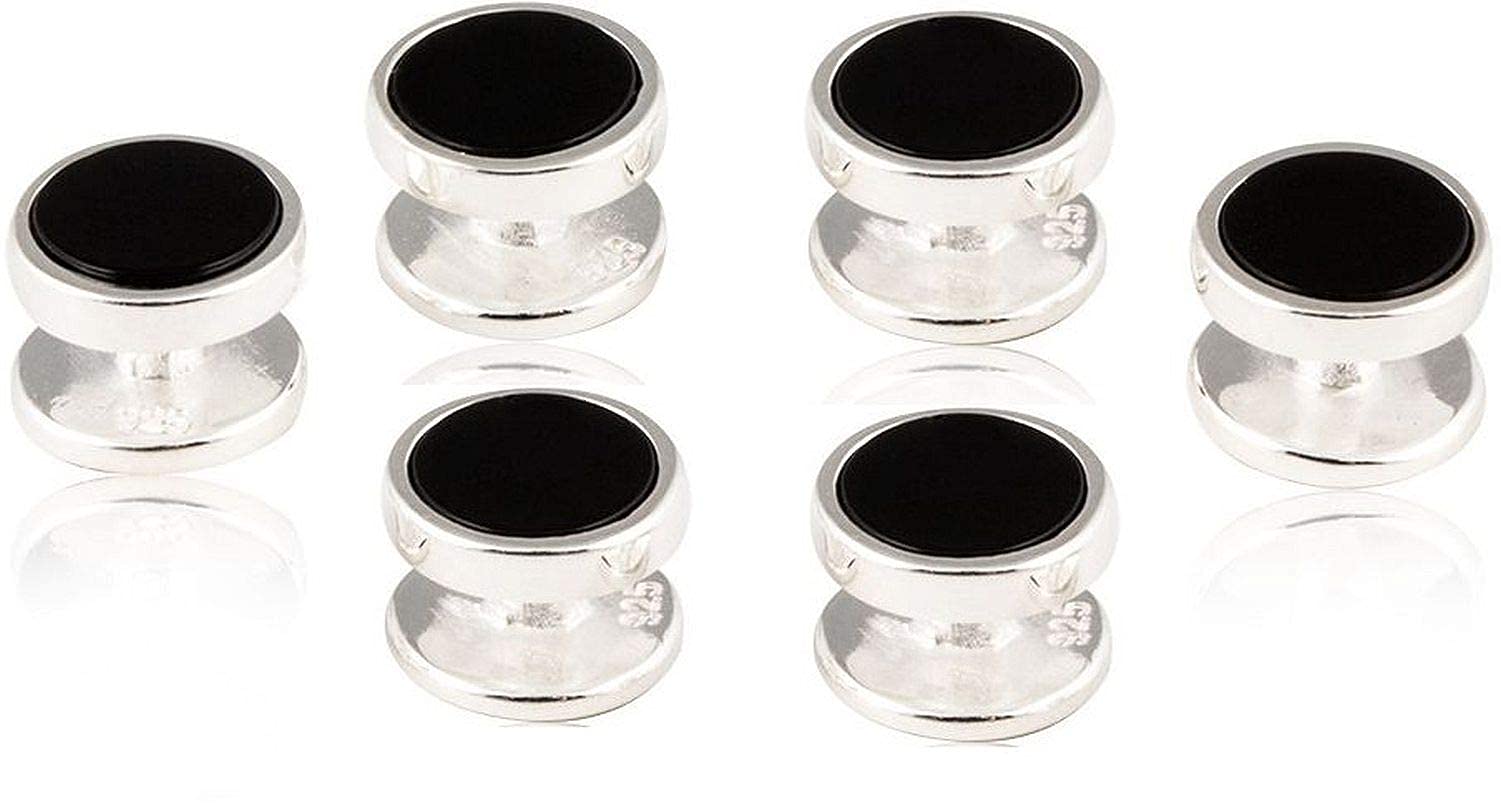 Cuff-Daddy Solid 925 Sterling Silver Black Onyx Shirt Stud Set - 6 Studs