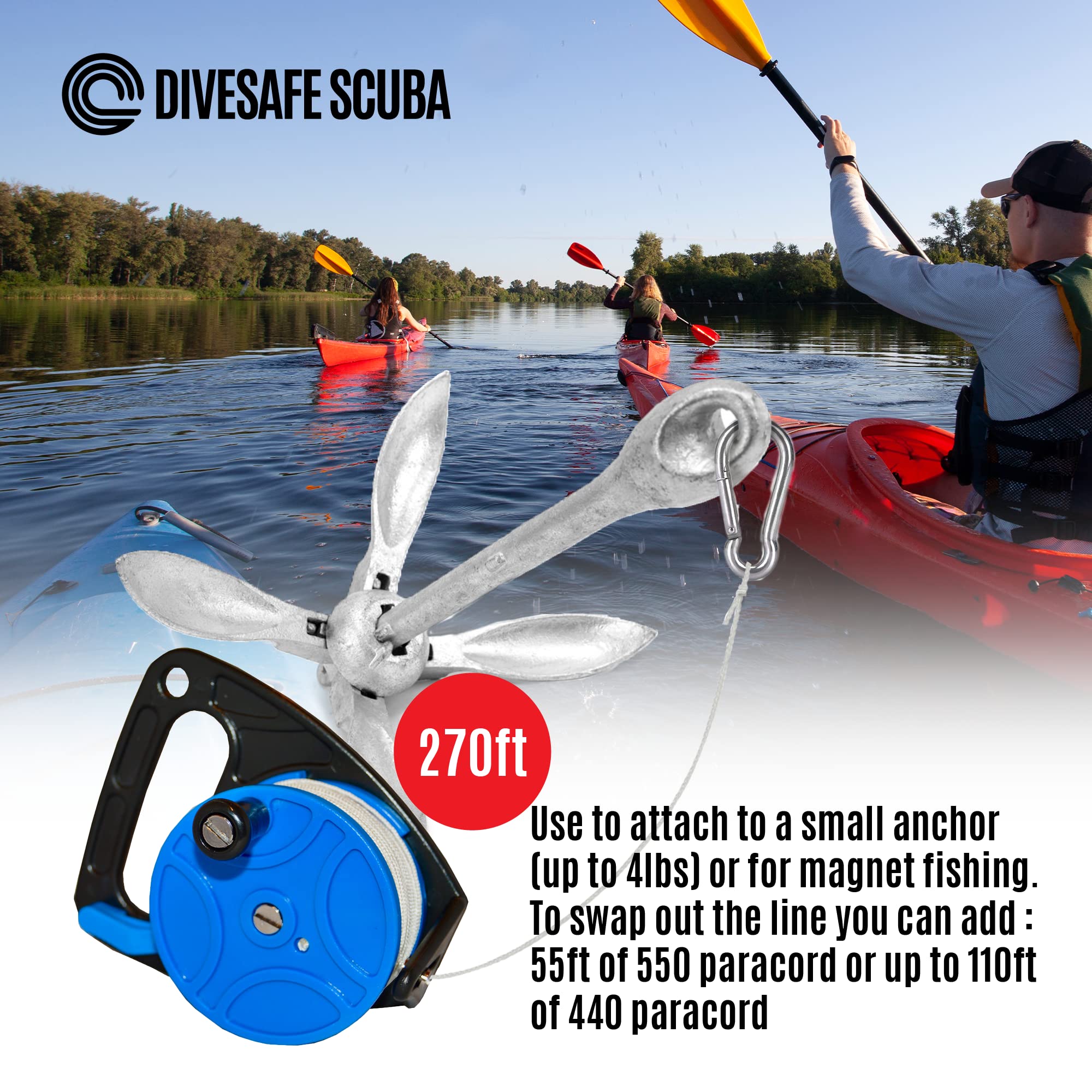 DiveSafe Scuba Diving Reel with Thumb Stopper and High Visibility White Line (150ft', 270ft') - for Cave and Wreck Exploration, Recreational Diving and Spear Fishing (270ft)