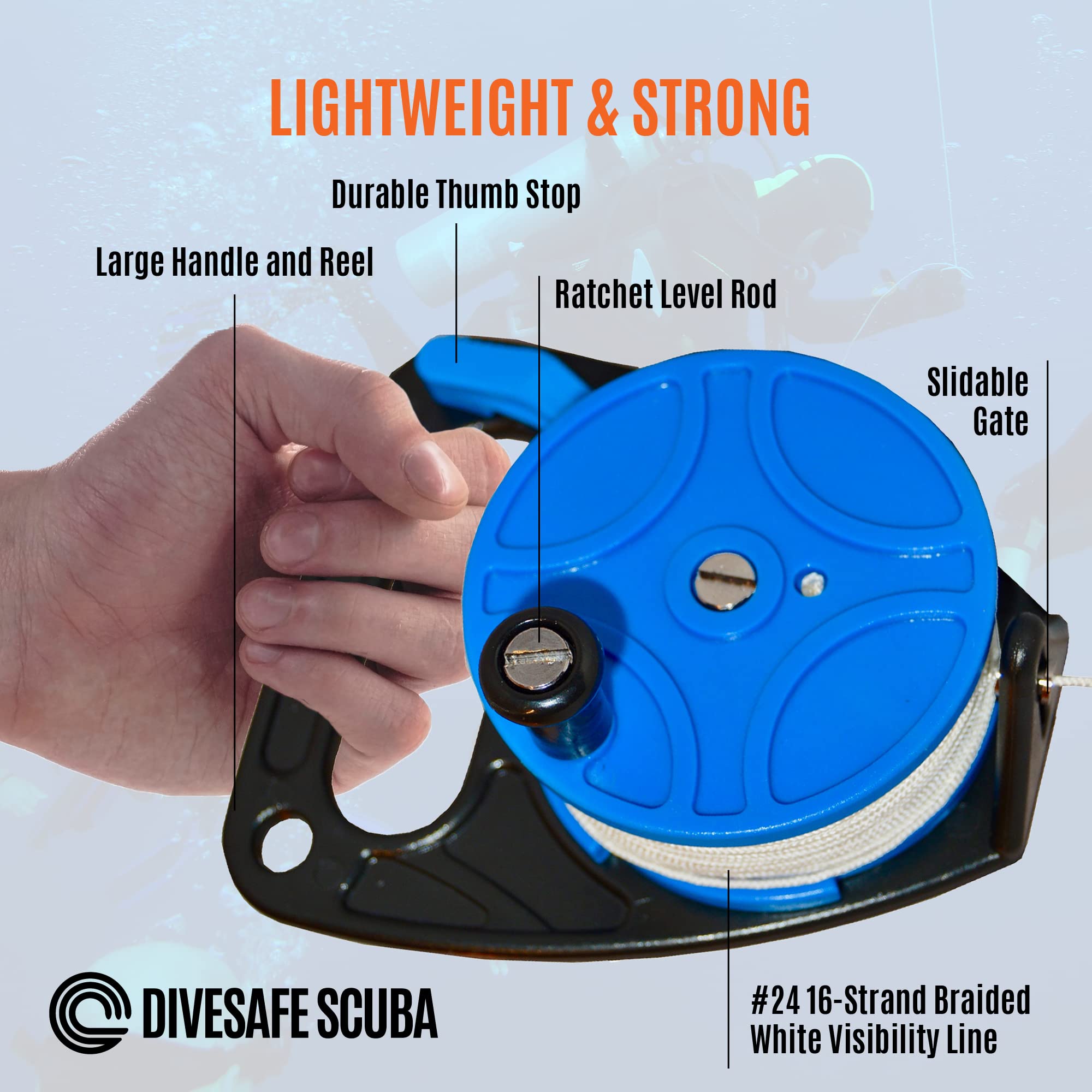 DiveSafe Scuba Diving Reel with Thumb Stopper and High Visibility White Line (150ft', 270ft') - for Cave and Wreck Exploration, Recreational Diving and Spear Fishing (270ft)