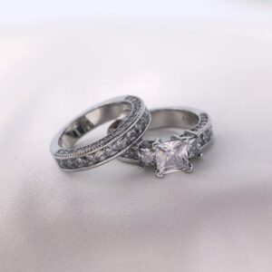 White Gold Filled 2pcs Womens Wedding Ring Sets Bridal Sets Heart cut Cz Engagement Ring Wedding Bands