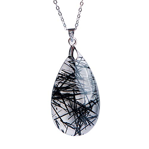 LiZiFang Brazil Natural Black Rutilated Quartz Gemstone Water Drop Bead Crystal Pendant AAA