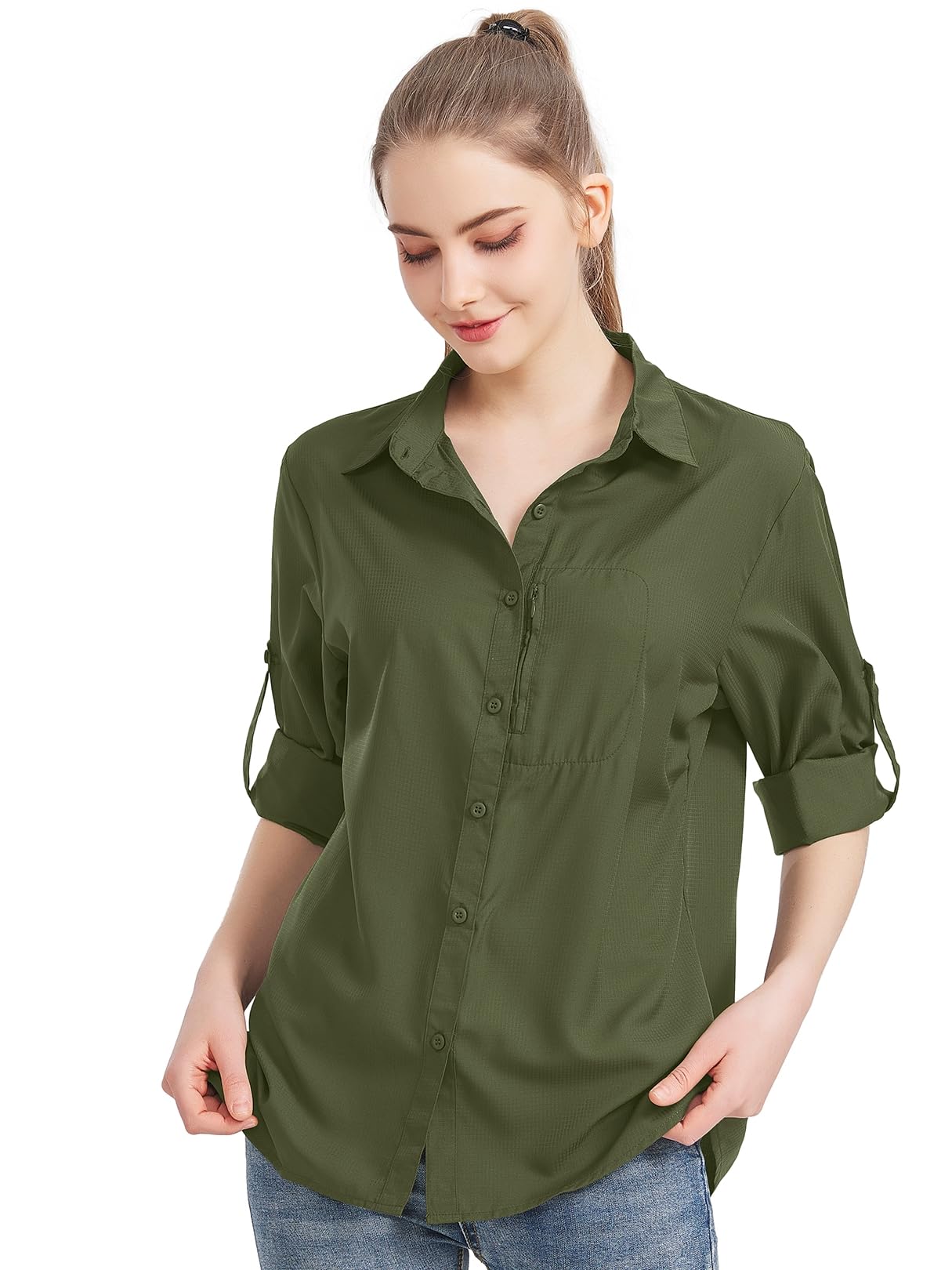 Women's UPF 50 Long Sleeve Sun Protection Shirts Quick Dry Outdoor Fishing Hiking Travel Shirt (5019 Olive green, Small)