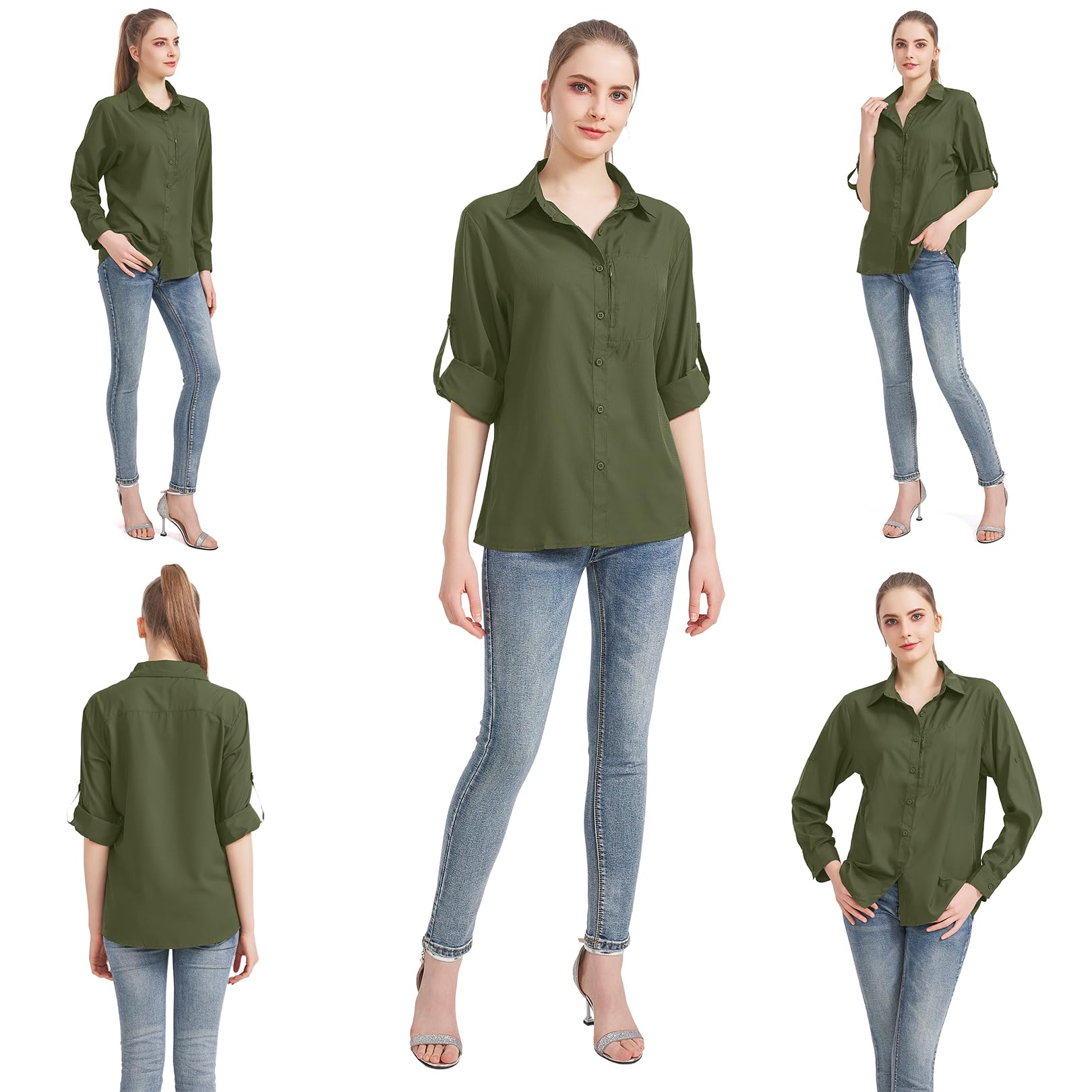 Women's UPF 50 Long Sleeve Sun Protection Shirts Quick Dry Outdoor Fishing Hiking Travel Shirt (5019 Olive green, Small)